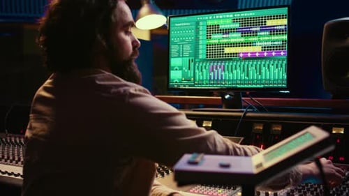 Music Producer Working at Audio Mixing Console at Night