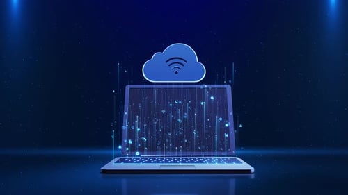 Notebook brilhante conectado a partículas de dados de streaming de rede em nuvem em ambiente futurista