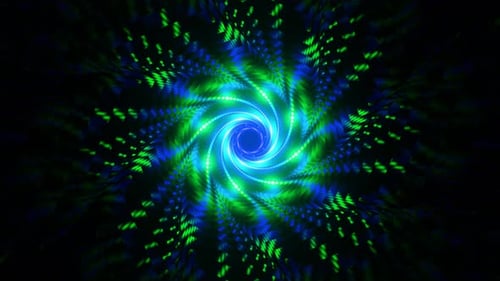 Abstract 3D Animation With Green and Blue Lights Rotating in a Spiral Pattern on a Black Background
