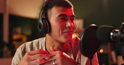 Microphone, headphones and man on podcast, interview and media broadcast with web radio host