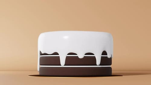 Chocolate cake with clear white icing 3d rendering loop animation pastel background Sweet cream