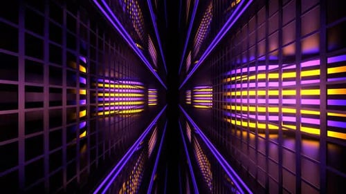 Violette und gelbe, gewellte Neonwände hinter Gittern, Tunnel-Hintergrund, VJ Loop in 4K