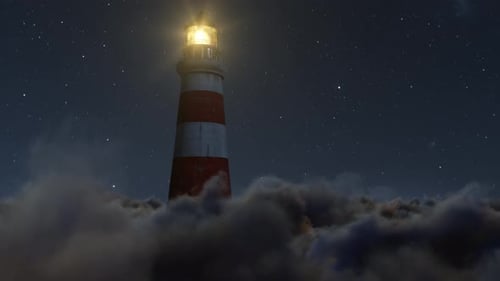 Illuminated Lighthouse Over Fluffy Clouds at Starry Night