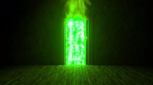 Portal verde misterioso que se abre atrás de uma porta em um quarto escuro