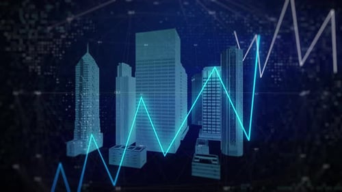 Futuristic Cityscape with Financial Data and Stock Market Charts