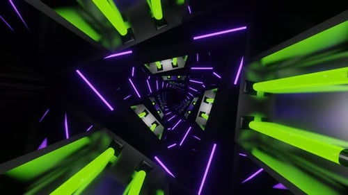 Purple And Lime Neon Glowing Mirrored Triangular Spiral Background Vj Loop In 4K
