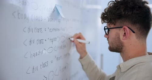 Man, coding and writing on whiteboard in office for review, system integration and software