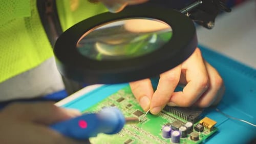Nahaufnahme Techniker und Arbeiter verwenden Werkzeuge, um das elektronisch Mainboard in der Fabrik zu reparieren und zu warten