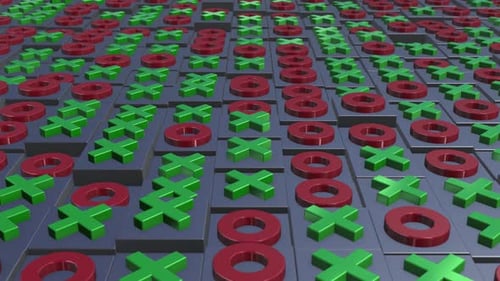 Animación abstracta de bloques 3D en movimiento con cruces verdes y círculos rojos, 4k, 60 fps