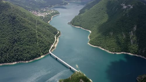 Aerial view of bridge over lake, Montenegro.