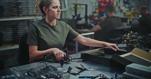 Woman in Military Uniform Finalizing Assembly of FPV Drone