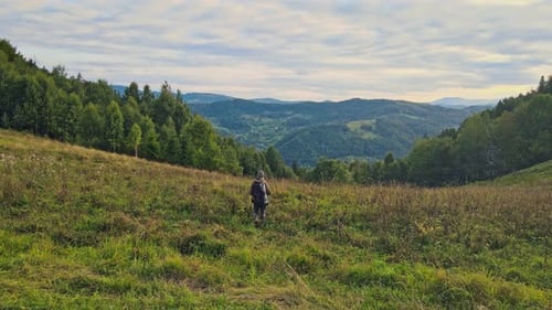 Air flight. An Old Man with a Backpack and Canes Walks Along Mountain Paths