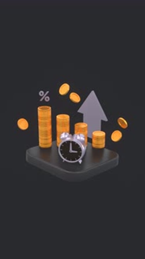 Financial Growth Animation with Money, Clock, Percent, and Arrow. Vertical video format.