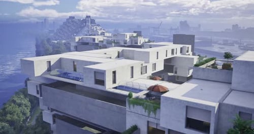 El diseño arquitectónico moderno muestra el paisaje urbano cerca de la costa