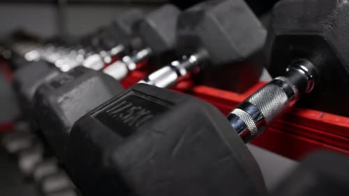 Sports Dumbbells That Will Lie in a Row One After the Other Sports Equipment in the Dark Room