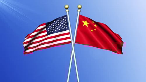 Waving Flags of USA and China on Crossed Poles