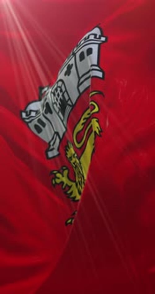 Cinematic Waving Flag with Heraldic Castle and Lion Emblem