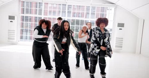 Dance, hip hop and music with happy people in studio for choreography, rehearsal