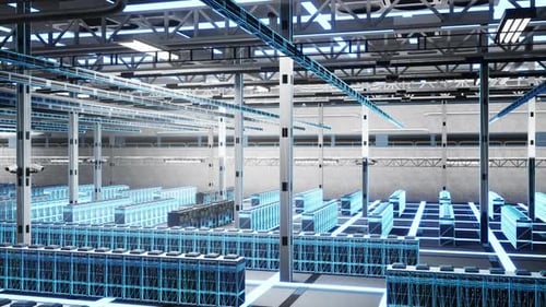 Futuristic Data Center Server Room Digital Wireframe Animation