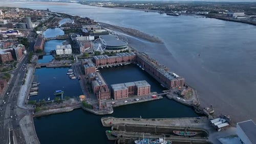 Aerial view of Liverpool England skyline and landmarks