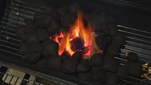 Closeup Footage of Preparation Coals for Barbecue Lighting Special Coals for Grilling Barbecue Party
