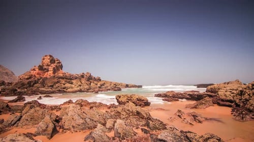 Time Lapse of Morning Tide Sea on Rocky Beach Background. Sea Wave