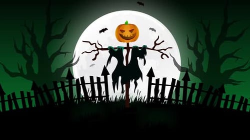 Animated Halloween Pumpkin Scarecrow with Flying Bats and Moon