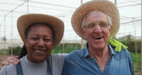 Senior Workers Smiling on Camera Inside Farm Greenhouse - Local Food Product