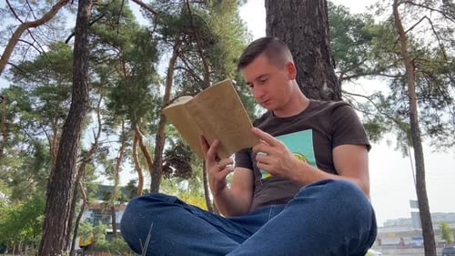Ein Mann sitzt unter einem Baum und liest ein Buch Der Junge erlangt Wissen im Wald