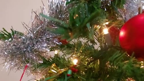 Beautiful Christmas tree decorations, Close up, tilt down