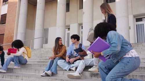 Group of Multiracial University Students Talking and Laughing on Campus Stairs