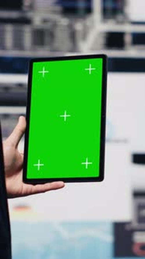 Vertical Video Entrepreneur Holds Tablet with Copy Space Screen and Leveraging Dashboards