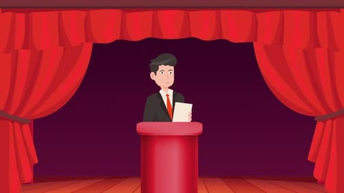 Animated Cartoon Speaker at Podium with Red Curtains