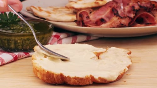 Croissant with Jamon Ham Salmon in Modern Cafe Top View of Healthy Breakfast in Cafe English