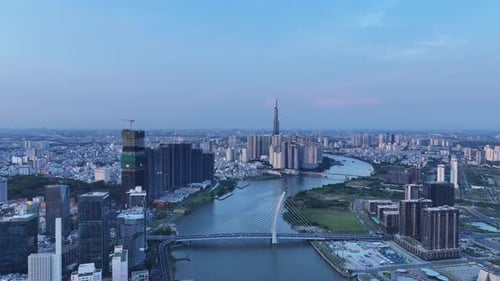Aerial video of the skyline of Ho Chi Minh City in Vietnam