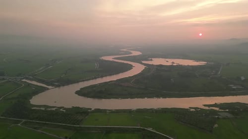 Aerial view curve river Sungai Muda, Kedah