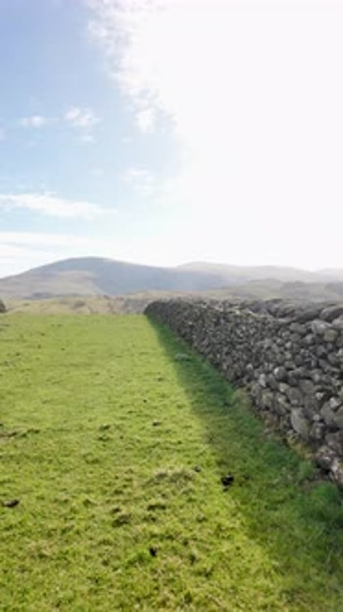 Stone wall dividing green field in Lake District. POV, Vertical video,