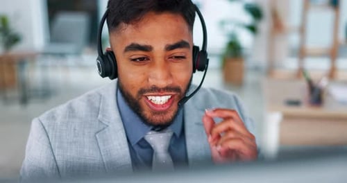 Businessman, call center and face consulting with headphones on computer for customer service