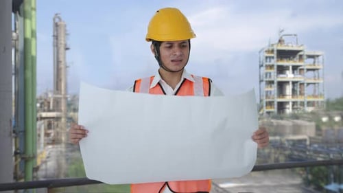 Confused Indian architect looking at the blueprint of building