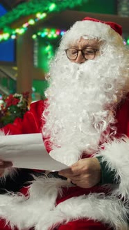Vertical Video Santa Claus Reading Letters From Kids Adorning Workshop with Xmas Ornaments