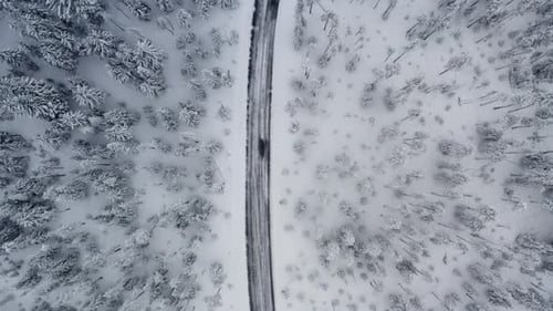 Slowly descending aerial toward a snowy road surrounded by snowy trees