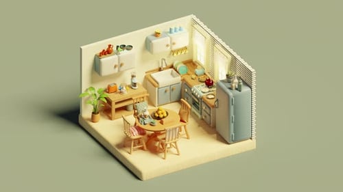 Isometric View of Kitchen and Dining Room with Fridge 3d Isometric Loop