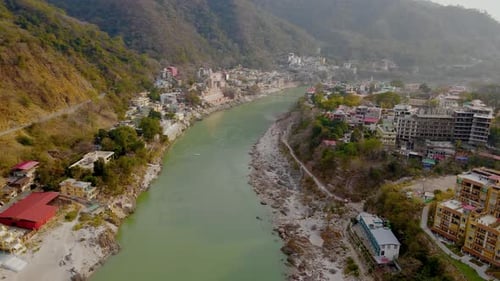 Aerial View of Ganga River Flowing Through Rishikesh City in Uttarakhand, India