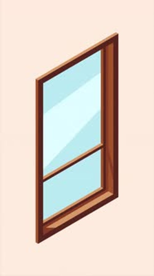 Isometric window animation. Wooden closed window. Interior elements. Furniture elements. Isometric