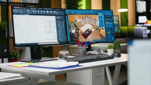 Modern Architecture Dual Monitors with 3D Rendering Software and Floor Plan