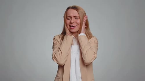 Annoyed Irritated Business Woman Covering Ears Gesturing No Avoid Advice Ignoring Noise Loud Voices