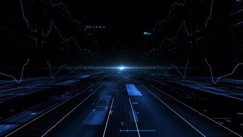 Futuristic Digital Tunnel with Glowing Grid and Abstract Data Waves