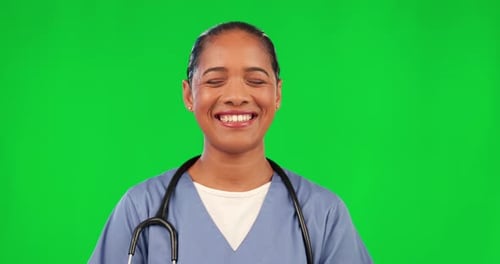 Woman, doctor and laugh by green screen, face or funny smile for healthcare, wellness and mockup