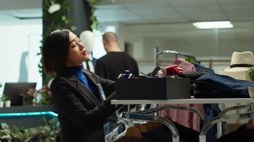 Female Stylist Mall Worker Sorting the New Collection of Accessories
