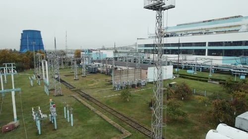 Transportation of Electricity Huge Thermal Power Station View From Height of the Steel Towers with